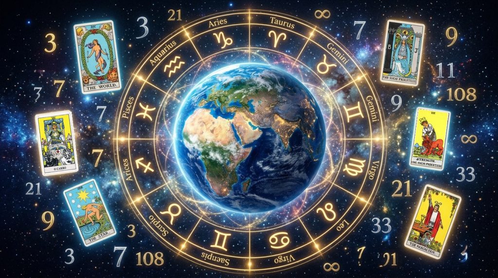 Representação do globo terrestre cercado por símbolos astrológicos em análise sobre geopolítica e astrologia.